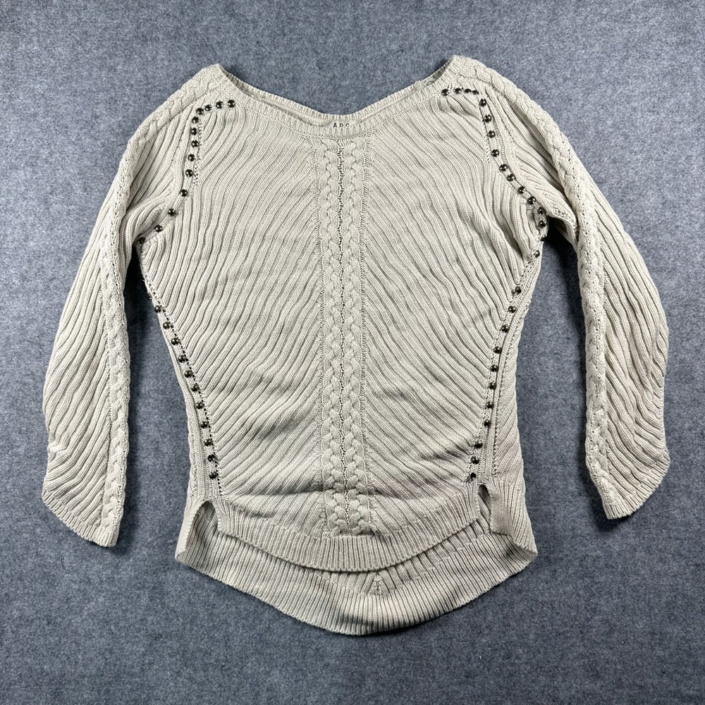 A.B.S. by Allen Schwartz Studded Cable Knit Sweater Small Beige Ribbed Cotton